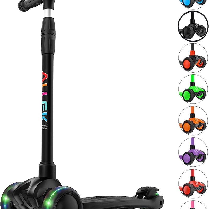 Allek Kick Scooter B03, Lean ‘N Glide 3-Wheeled Push Scooter with Extra Wide PU Light-Up Wheels, Any Height Adjustable Handlebar and Strong Thick Deck for Children from 3-12yrs (Black)