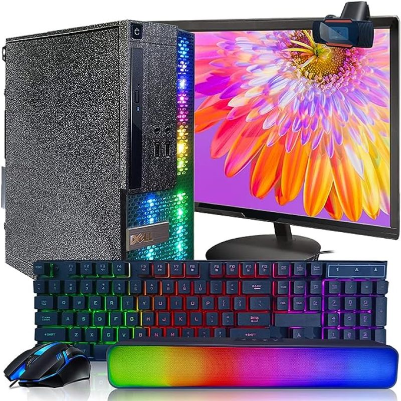 Dell PC Black Treasure Box RGB Desktop Quad Core I5 up to 3.6G, 16G, 512G SSD, WiFi, BT, RGB Keyboard & Mouse, DVD, New 22″ 1080P FHD LED, RGB Sound Bar, Webcam, Win 10 Pro(Renewed)