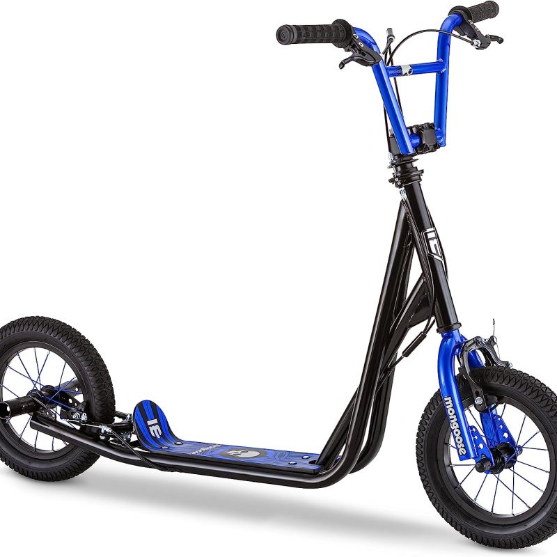 Mongoose Expo Youth Kick Scooter, Suggested for Riders with Ages 6 to 9 Years Old, Max. Weight of 175 lbs., Front and Rear Caliper Brakes, Rear Axle Pegs, 12-Inch Inflatable Wheels